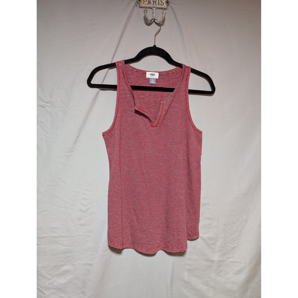Old Navy Women's Red White Black Striped Split Neck Linen‎ Tank Top Size Small